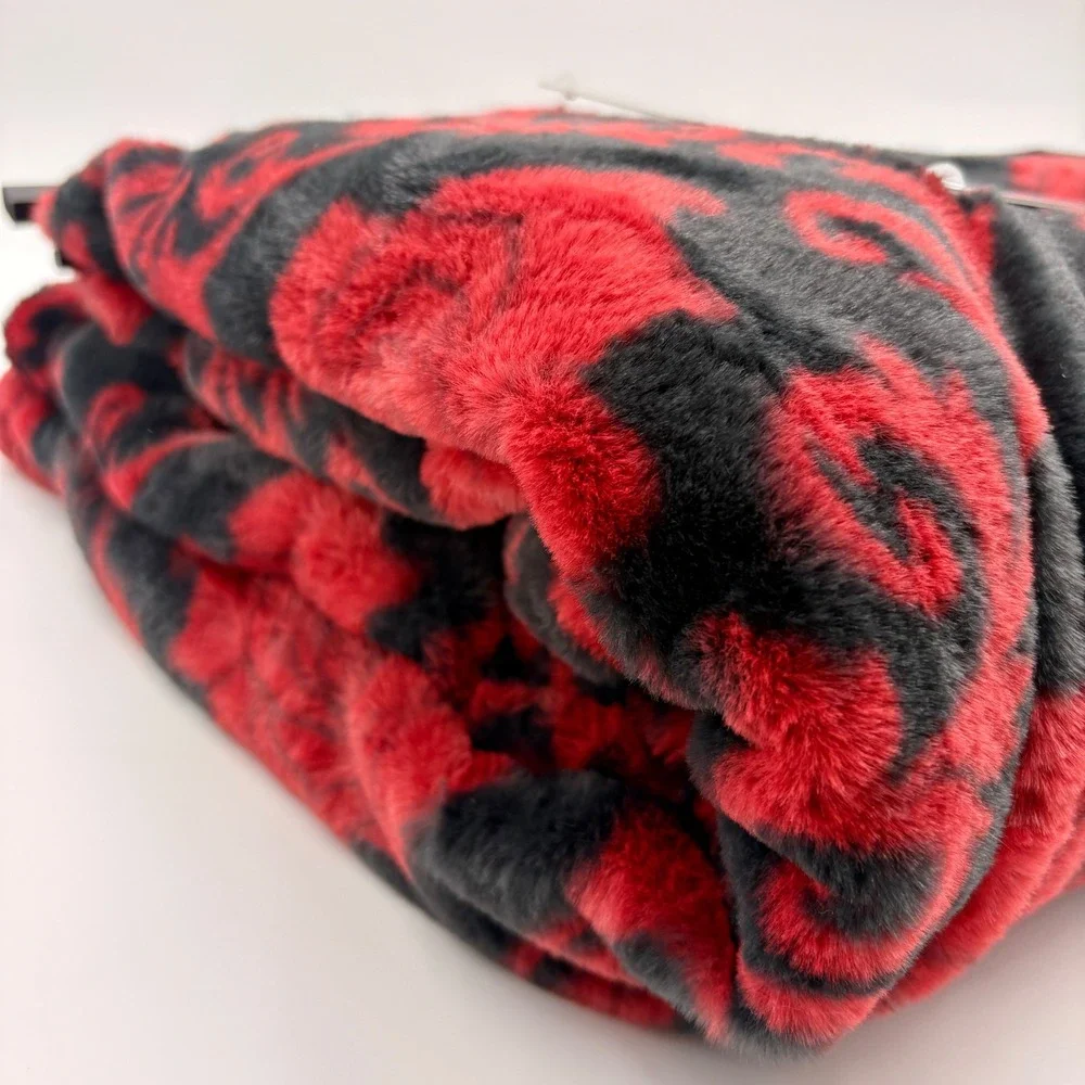 Midnight Spell Red Rose Black Faux Fur Plush Oversized Halloween Throw Blanket